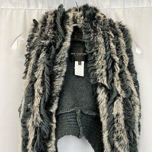 MM Couture by Miss Me Vest Gray Faux Fur & Looped Knit Stripe Open Front Small